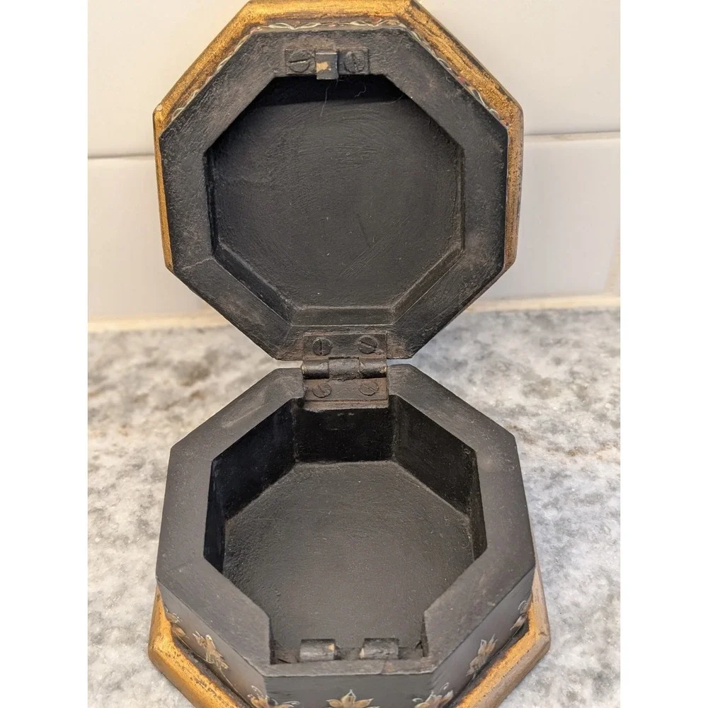 Hand Painted Octagon Shaped Wood Wooden Storage Trinket Box with Lid